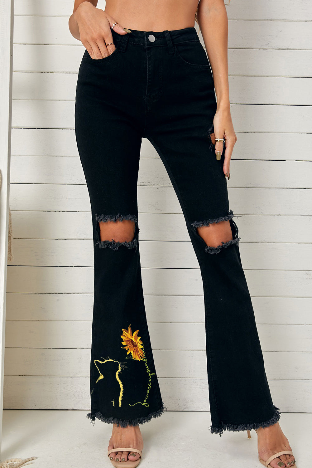 High Waist Ripped Bell Bottom Jeans