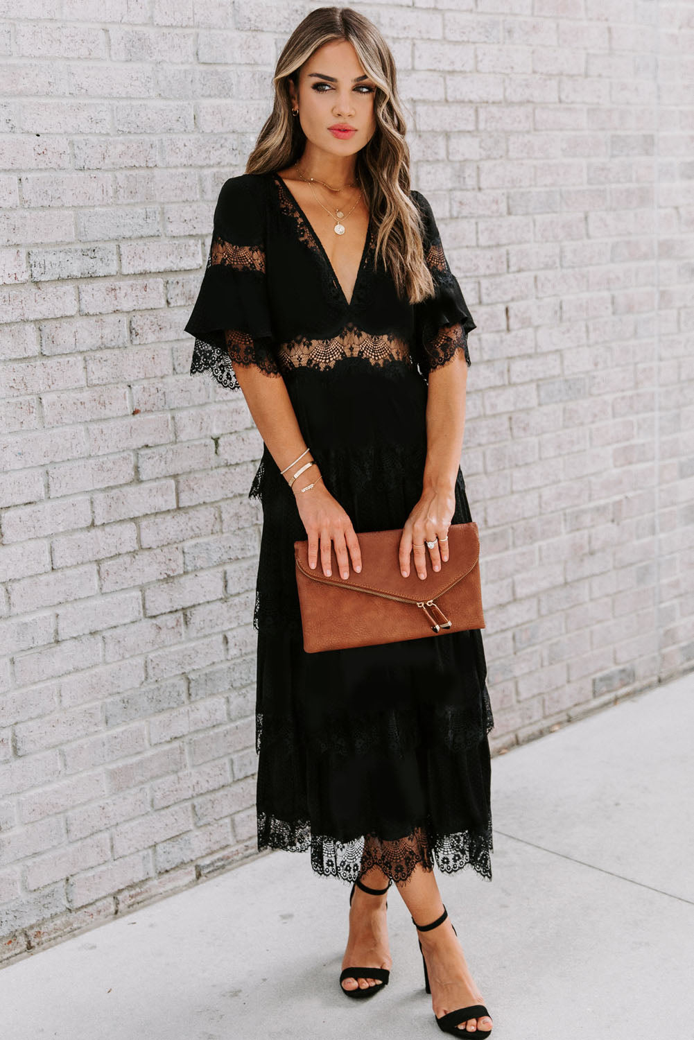 Swiss Dot Print See-through Lace Patch Layered Long Dress