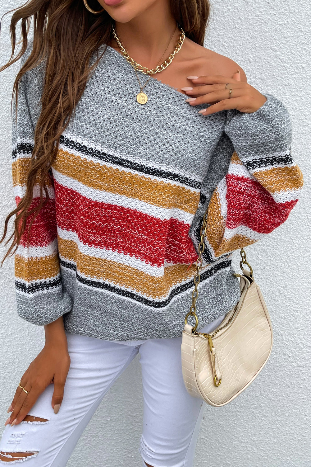 Striped Pattern Texture Knit Sweater