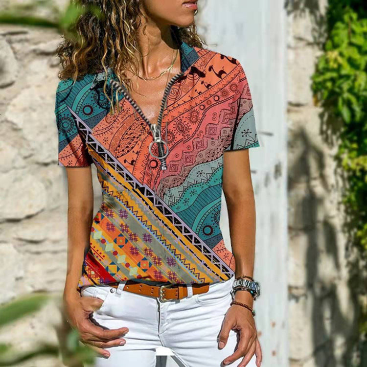 New Women's Boho Zip Short Sleeve T-Shirt
