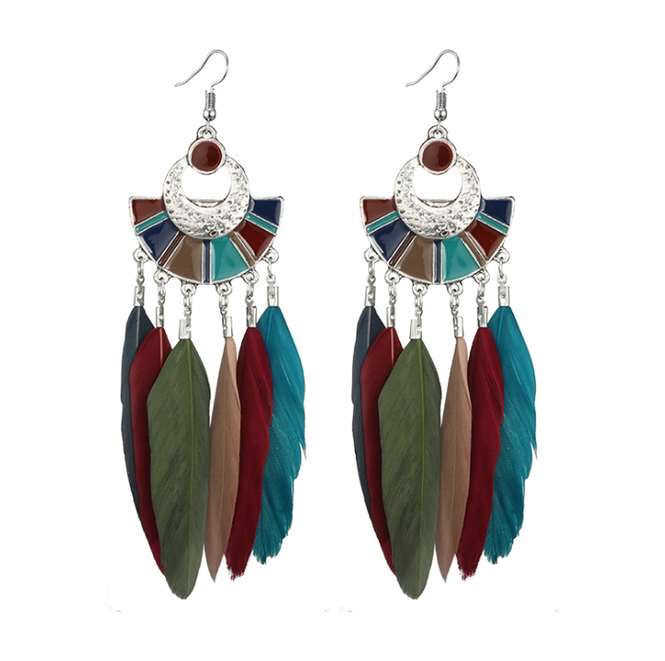 Europe and the United States foreign trade new exaggerated animal feather fan-shaped color long earrings earrings earrings jewelry