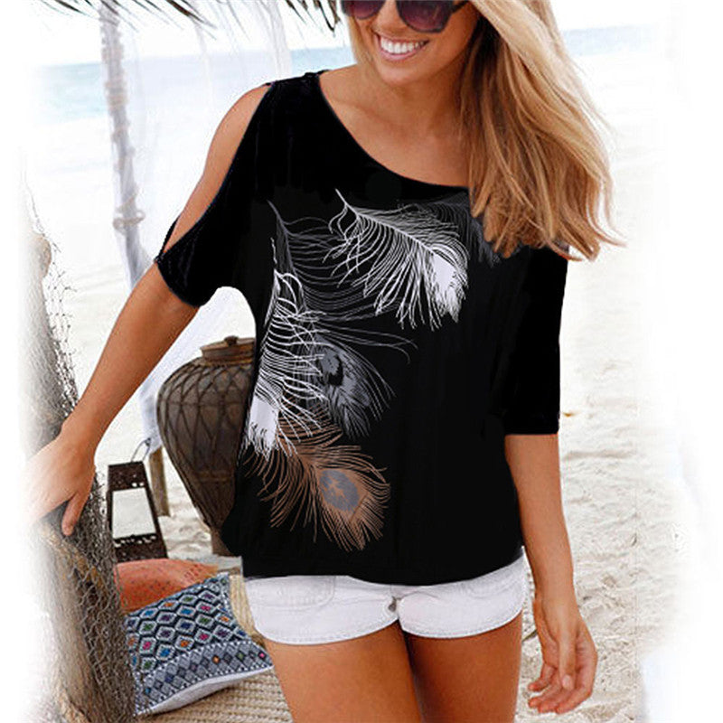 Sexy off-the-shoulder feather print short sleeves