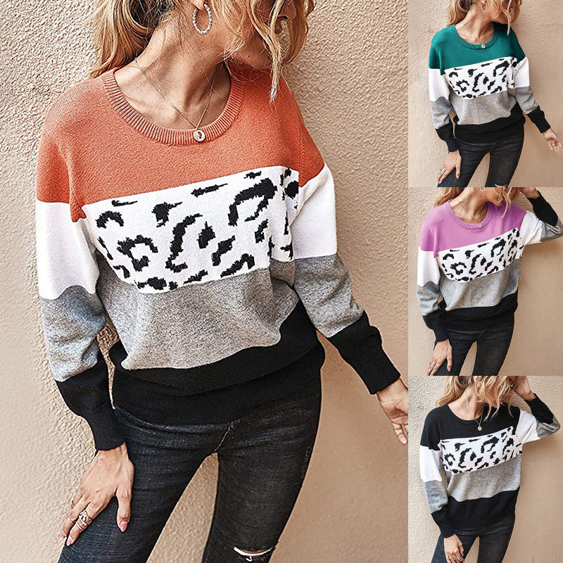 Leopard print stitching sweater