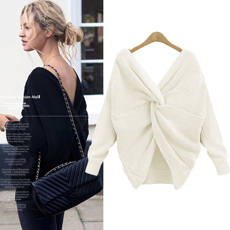 Large neckline V-neck halter head retro solid color sweater two wearing bat sweater coat