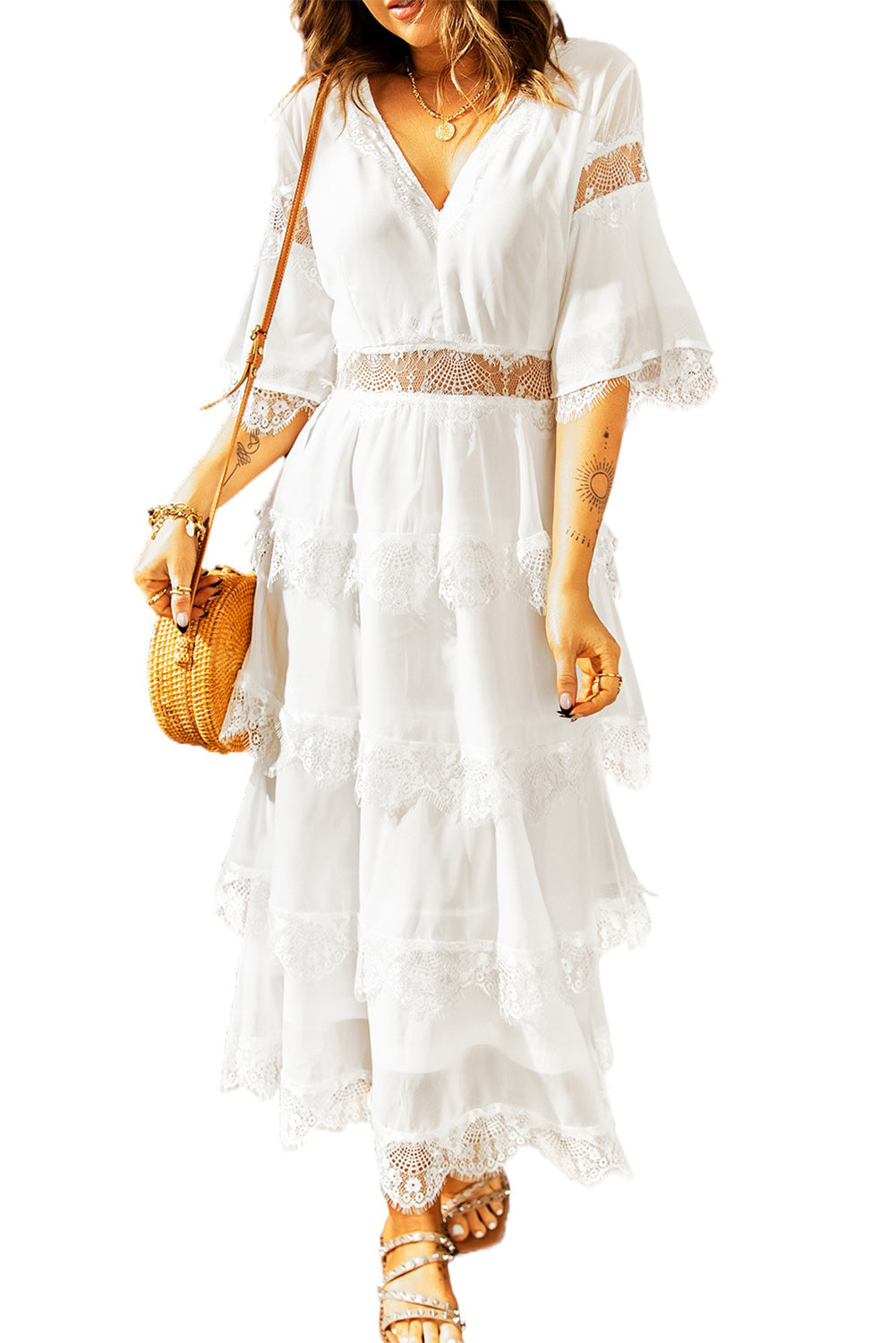 Swiss Dot Print See-through Lace Patch Layered Long Dress