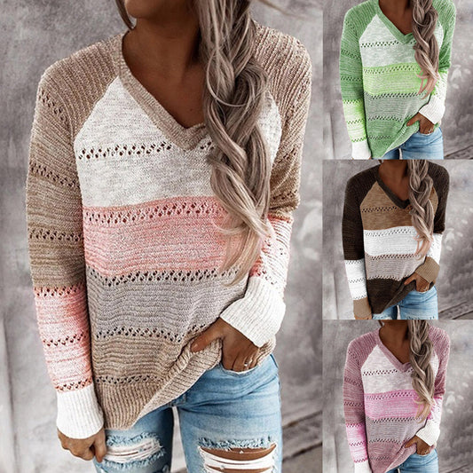 Women's Long Sleeve Pullover Color Matching Wool Top