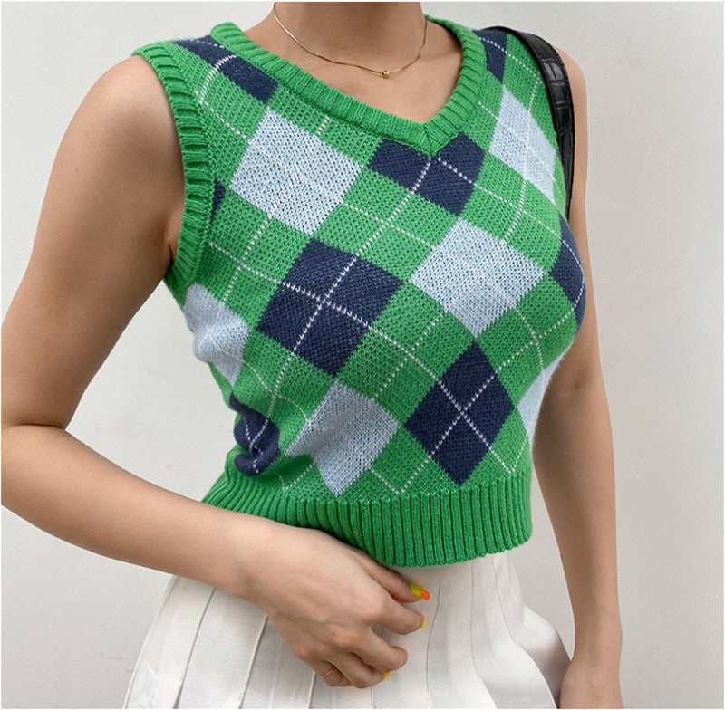 Rhombus Check Outer Sleeveless V-neck Sweater