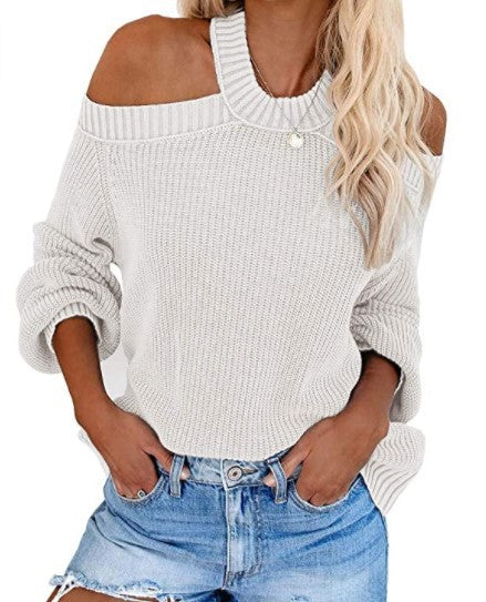 Off-the-shoulder solid color loose knit sweater