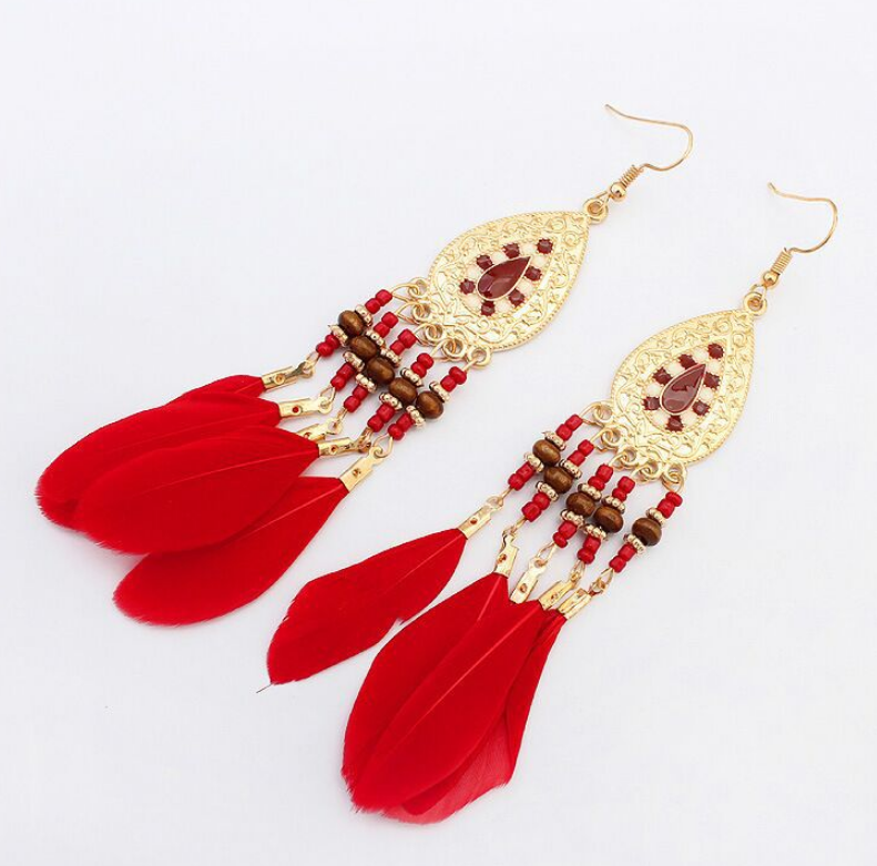 European and American feather tassel earrings female Bohemian long earrings national wind Ruili earrings