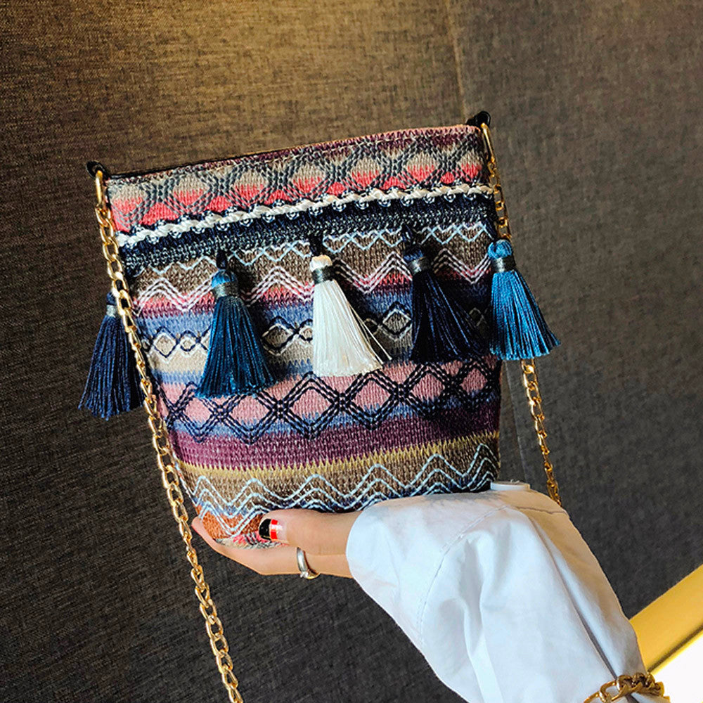 Tassel ethnic style linen bag