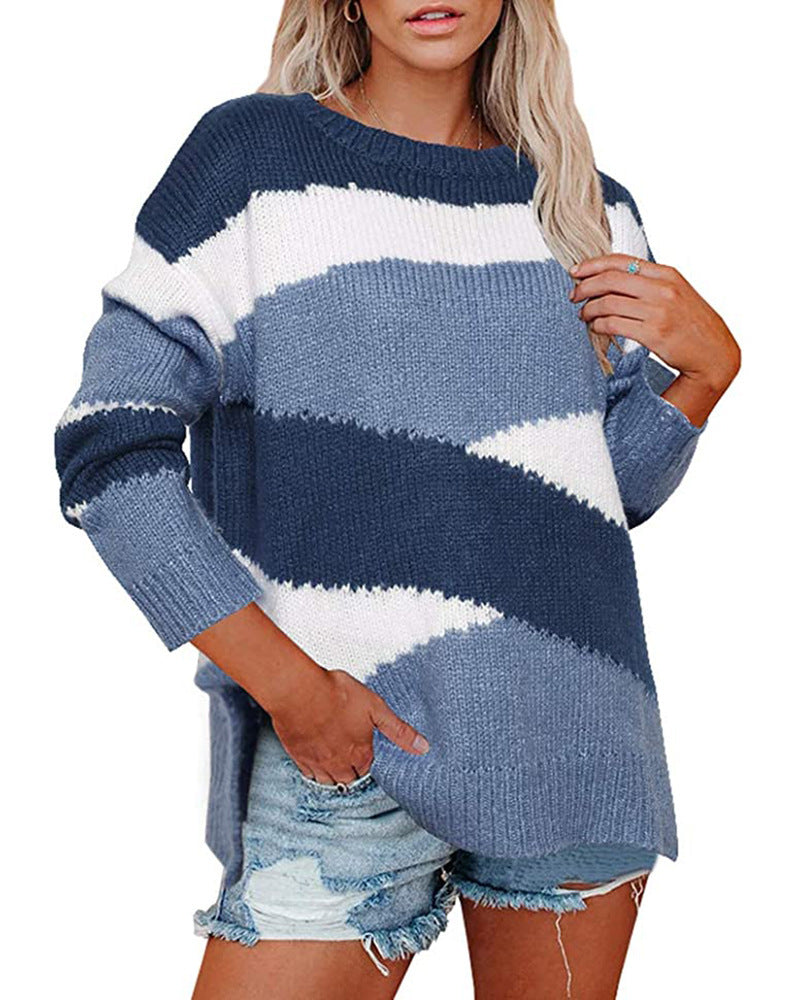 Women's loose knit sweater with irregular stripes
