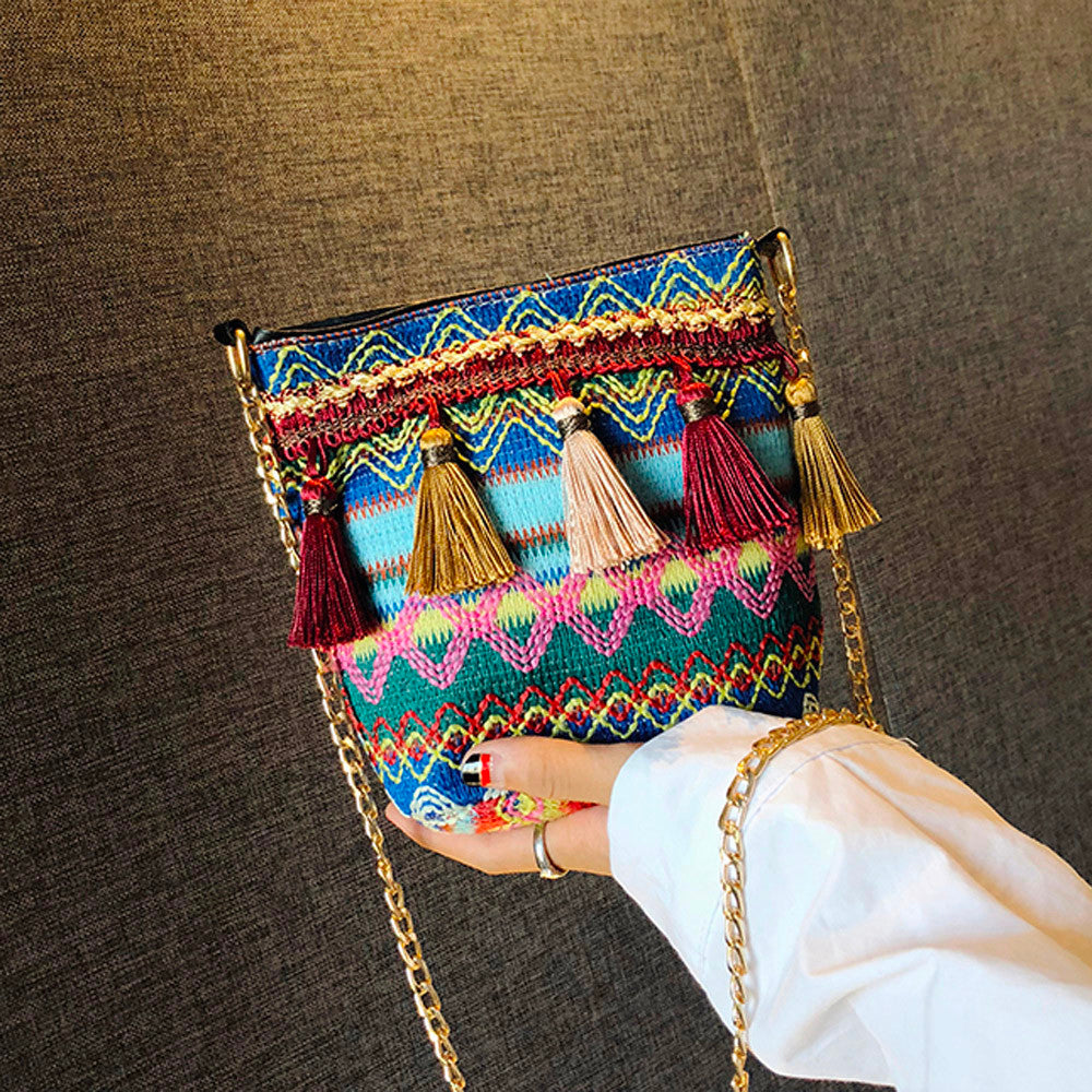 Tassel ethnic style linen bag