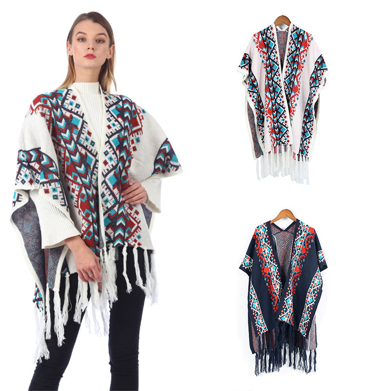 Ethnic Style Mixed Color Jacquard Shawl Dual-Use