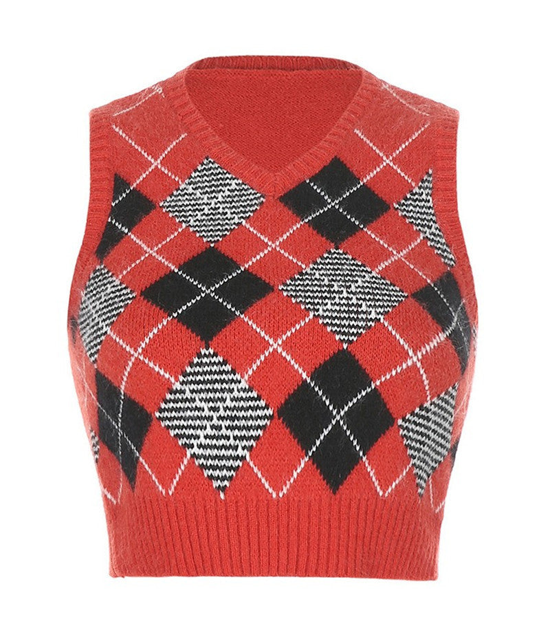 Rhombus Check Outer Sleeveless V-neck Sweater