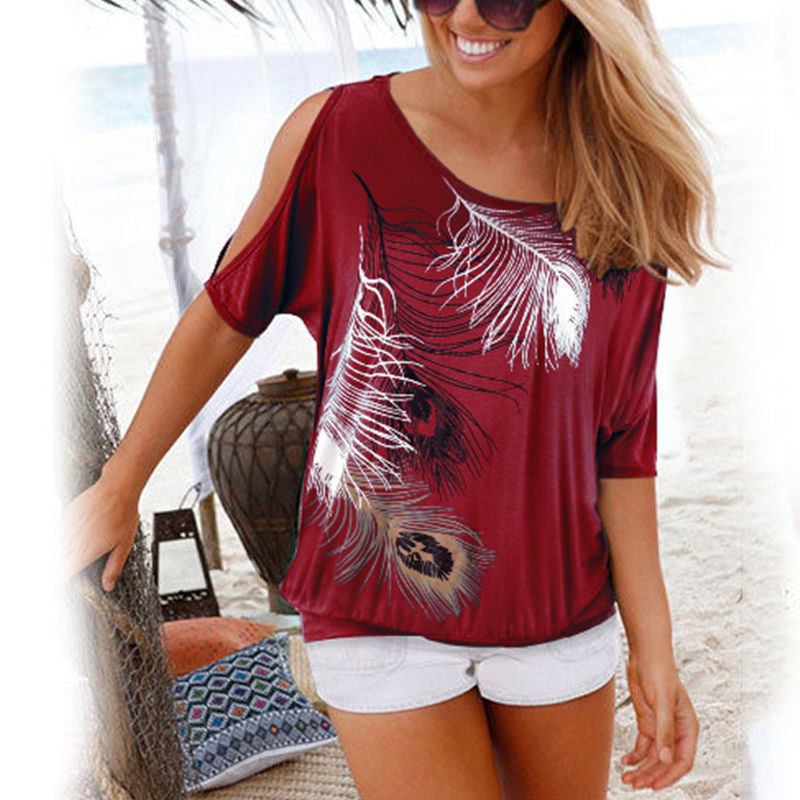 Sexy off-the-shoulder feather print short sleeves