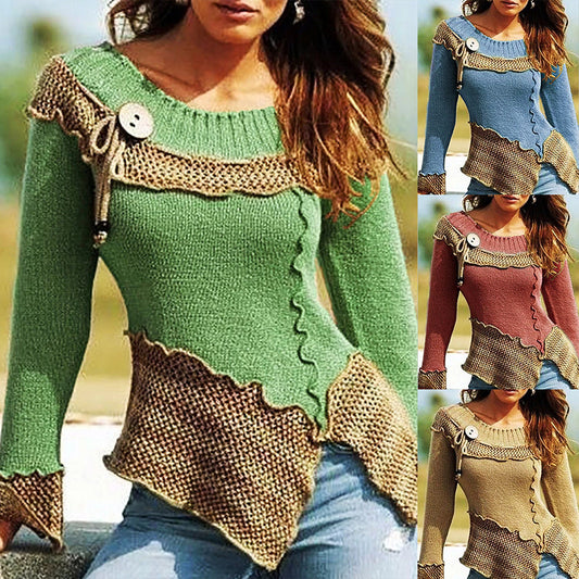 Patchwork long-sleeved turtleneck sweater