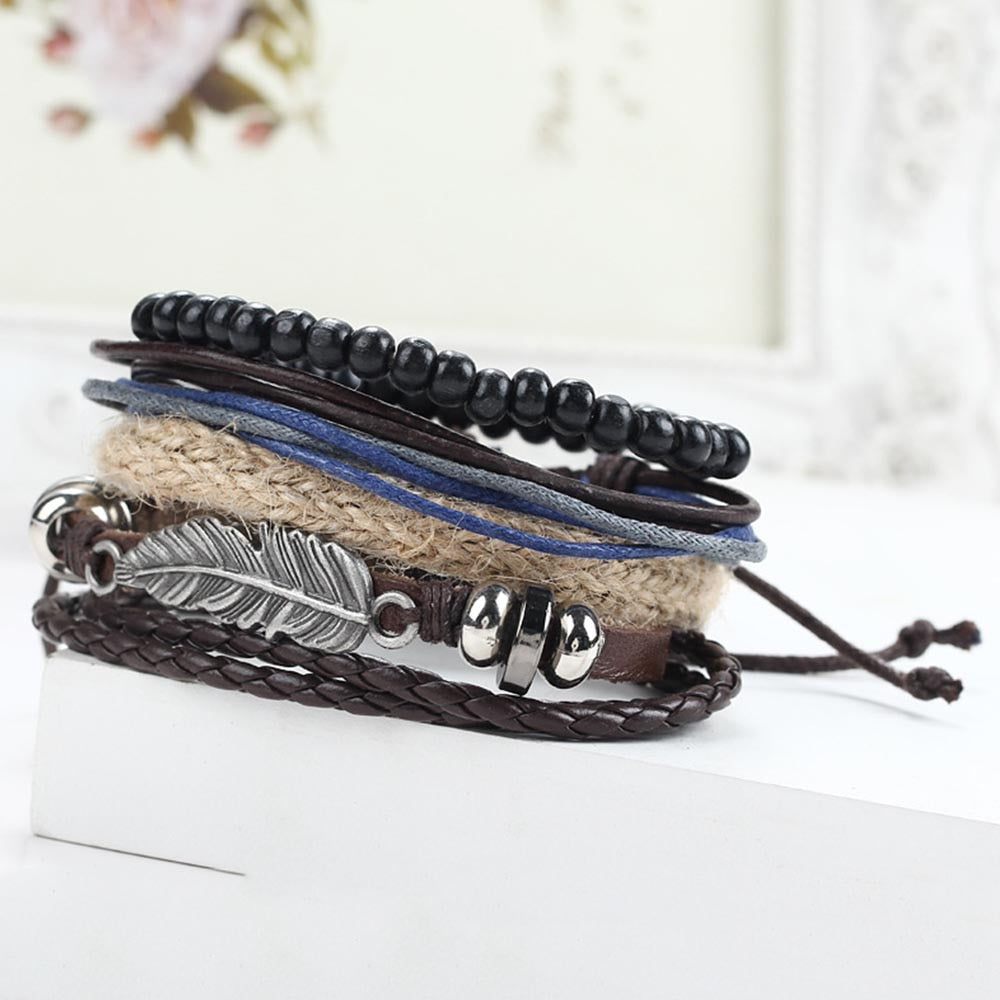 New Angel Wing Feather Alloy Multilayer Wood Bead Weaving Beaded Wax Rope Bracelet Star with Bracelet Jewelry