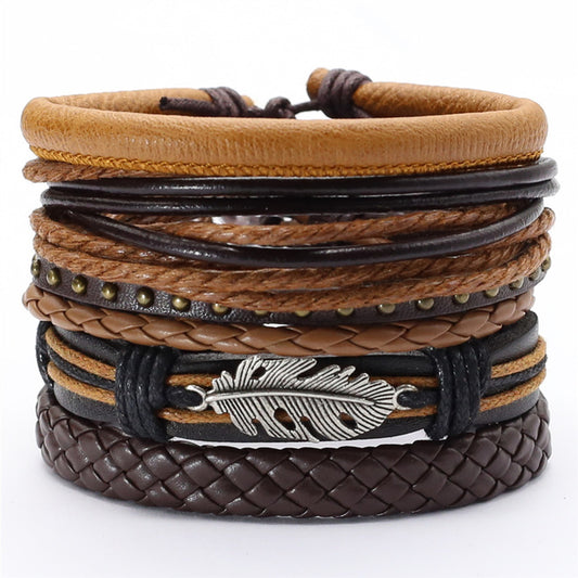 Black  Feather Men's Bracelet 5 Pieces Set Wristband