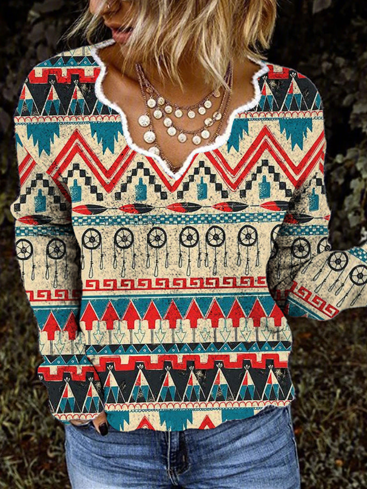 Women's Fashion Embroidered V-neck Printed Loose Long Sleeve Sweater