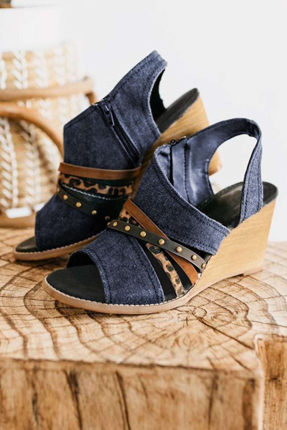 Wedged Rivet Patchwork Peep Toe Denim Sandals