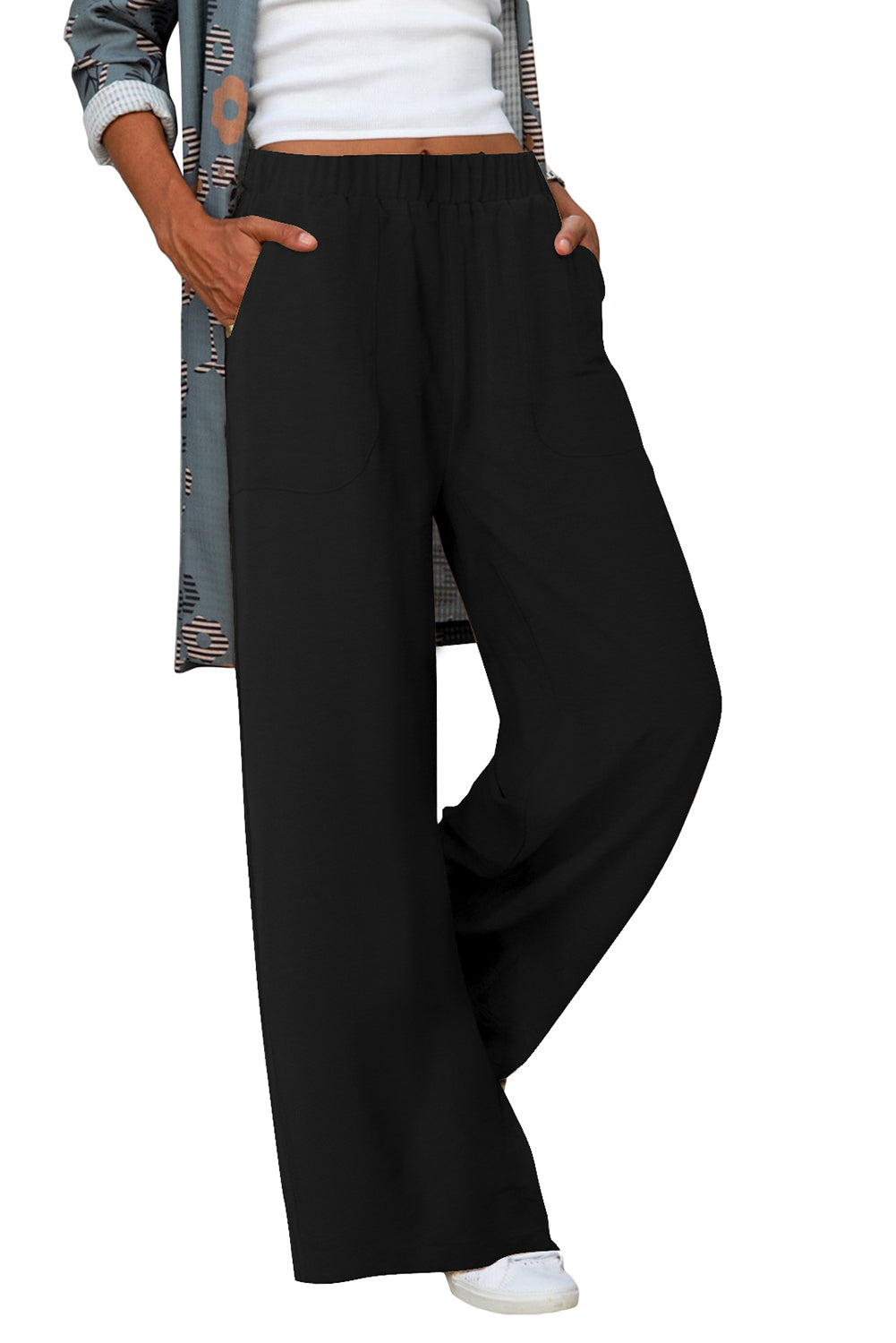 Elastic Waist Pocketed Wide Leg Pants