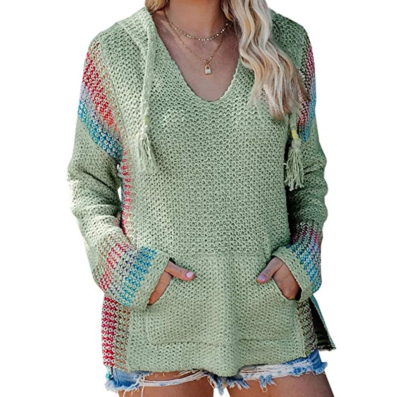 Striped Color Matching Hooded Long Sleeve Pullover Loose Sweater