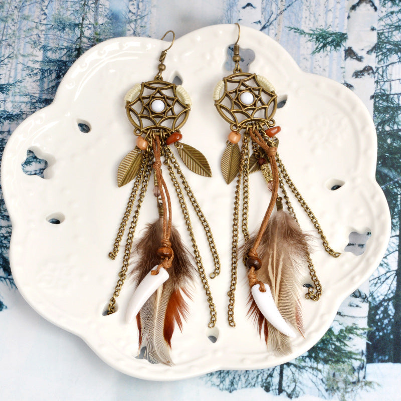 Vintage Dreamcatcher Metal Leaf Feather Pendant Stud Earrings