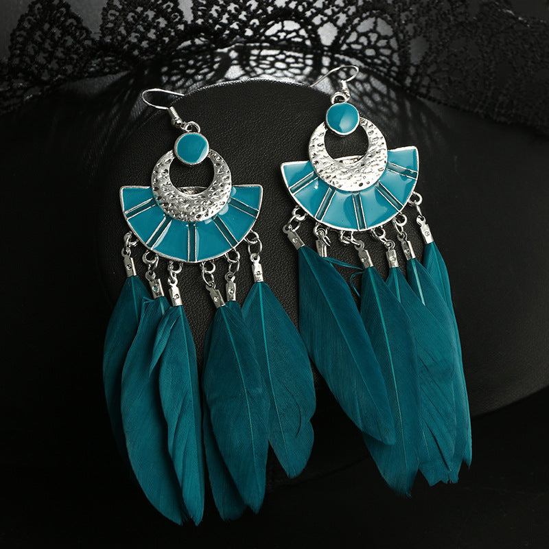 Europe and the United States foreign trade new exaggerated animal feather fan-shaped color long earrings earrings earrings jewelry