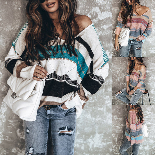 Fashion Casual Printed V-Neck Long Sleeve Top