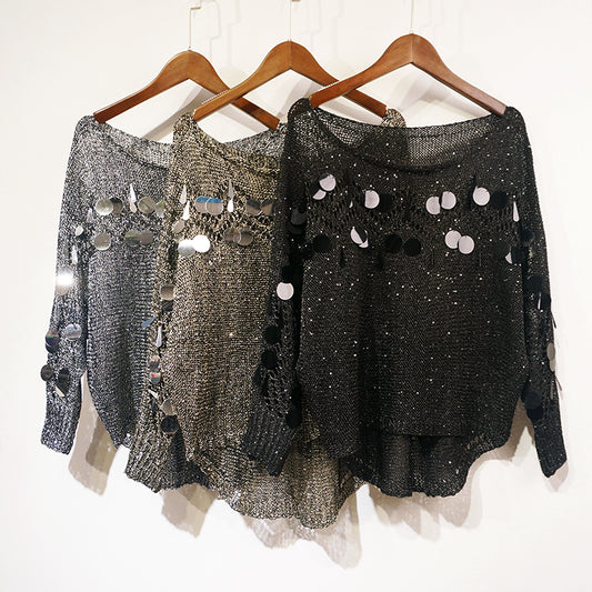 Women's One-word Neck Loose Pullover Bat Sleeve Sequined Top Knit Sweater