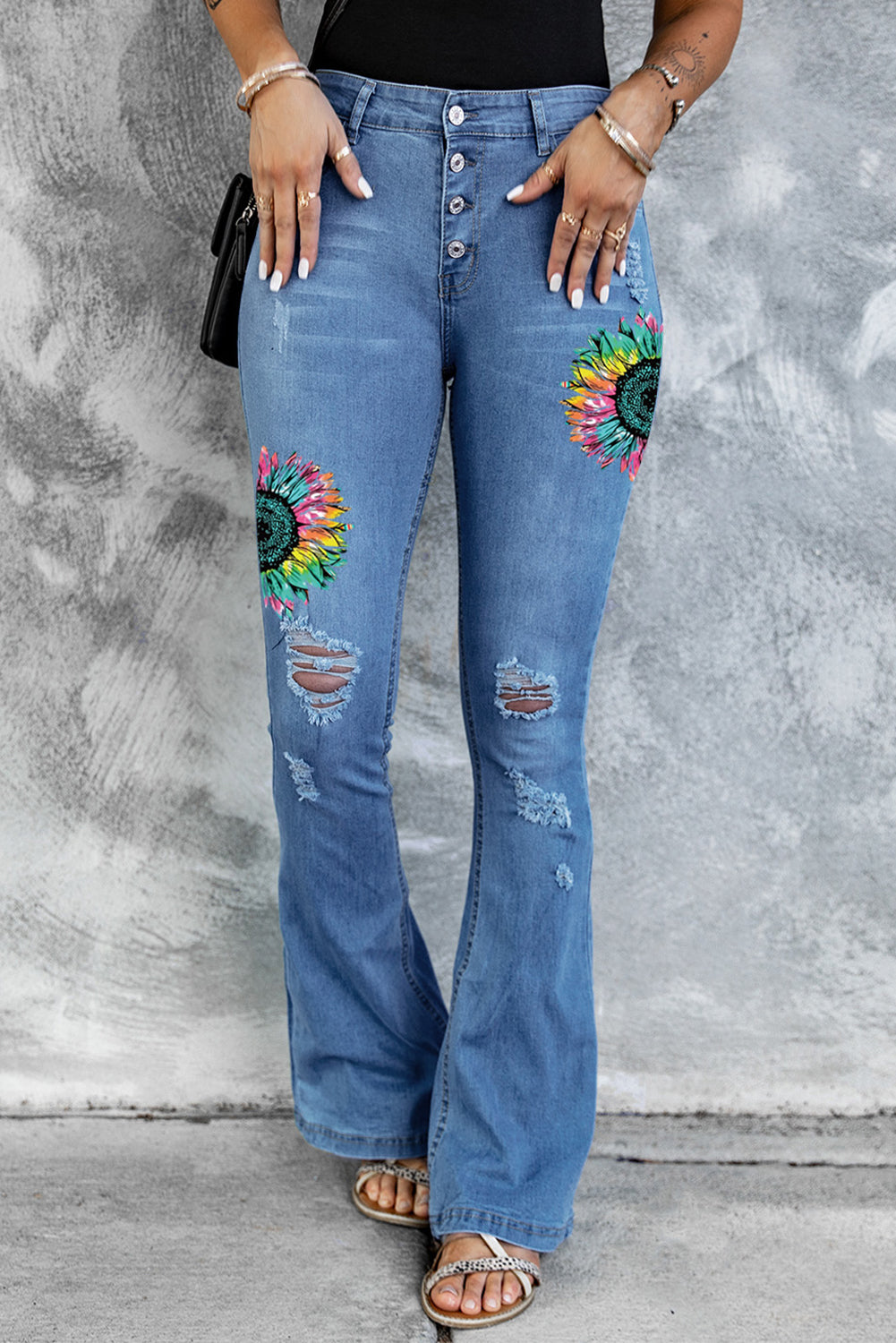 Dark Blue Mid Rise Button Front Flare Denim