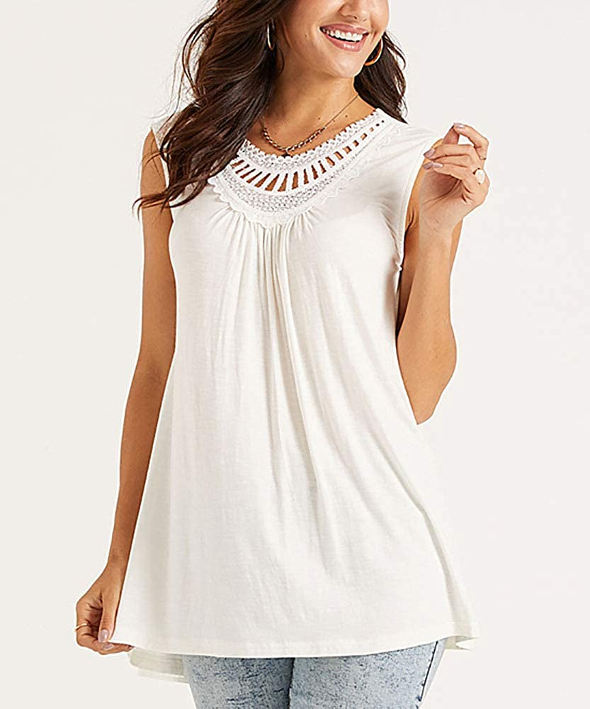 Women'S Sleeveless Tank Tops Crochet Lace Shirts Summer Basic Casual Loose Fit Tees Tunics Pleated Blouses