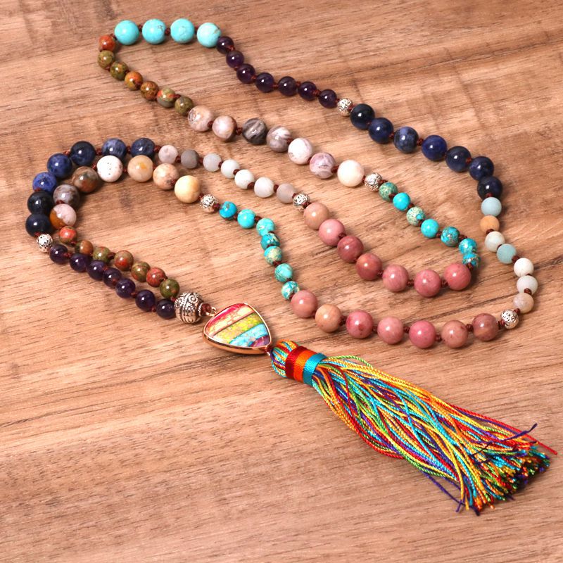 Women's Boho Colorful Stone Pendant Tassel Necklace