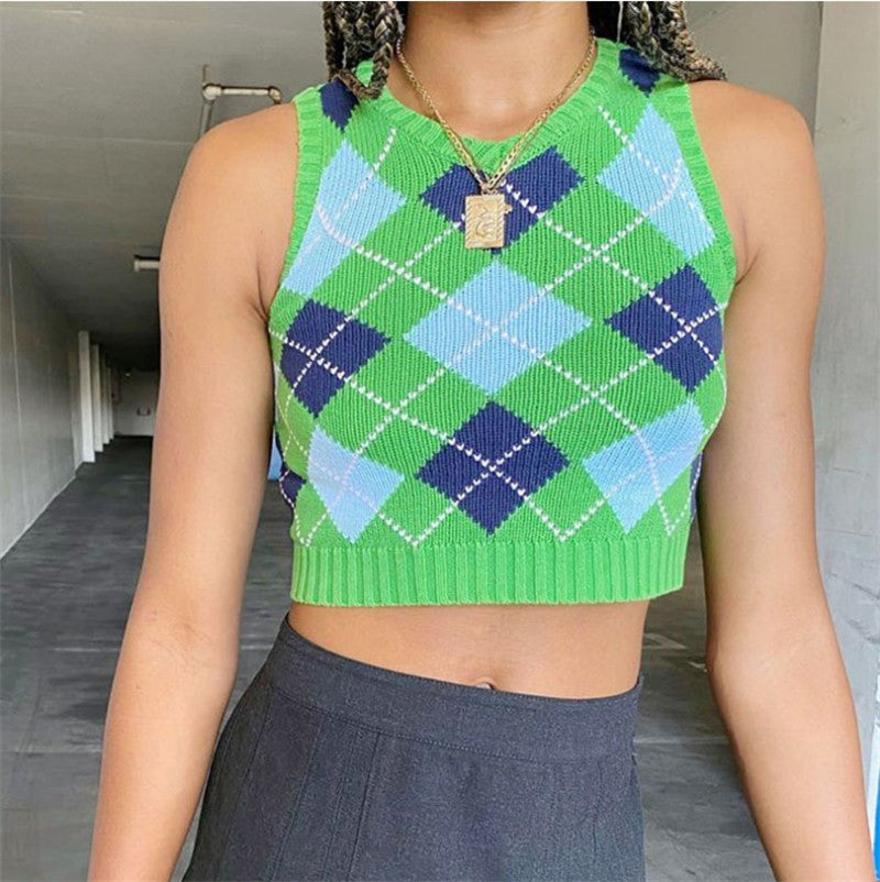 Rhombus Check Outer Sleeveless V-neck Sweater