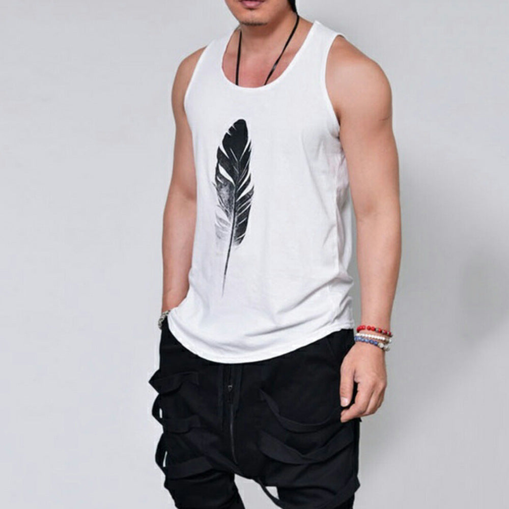 Summer Solid Color Black And White Feather Print Sleeveless T-shirt
