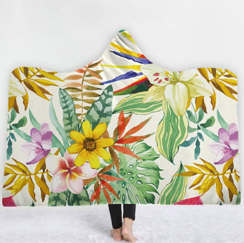 Hooded Thermal Fleece Blanket Coral Fleece Print Winter Warm Home Travel Portable Wearable Thick Hoodie Blanket For Adults Kids