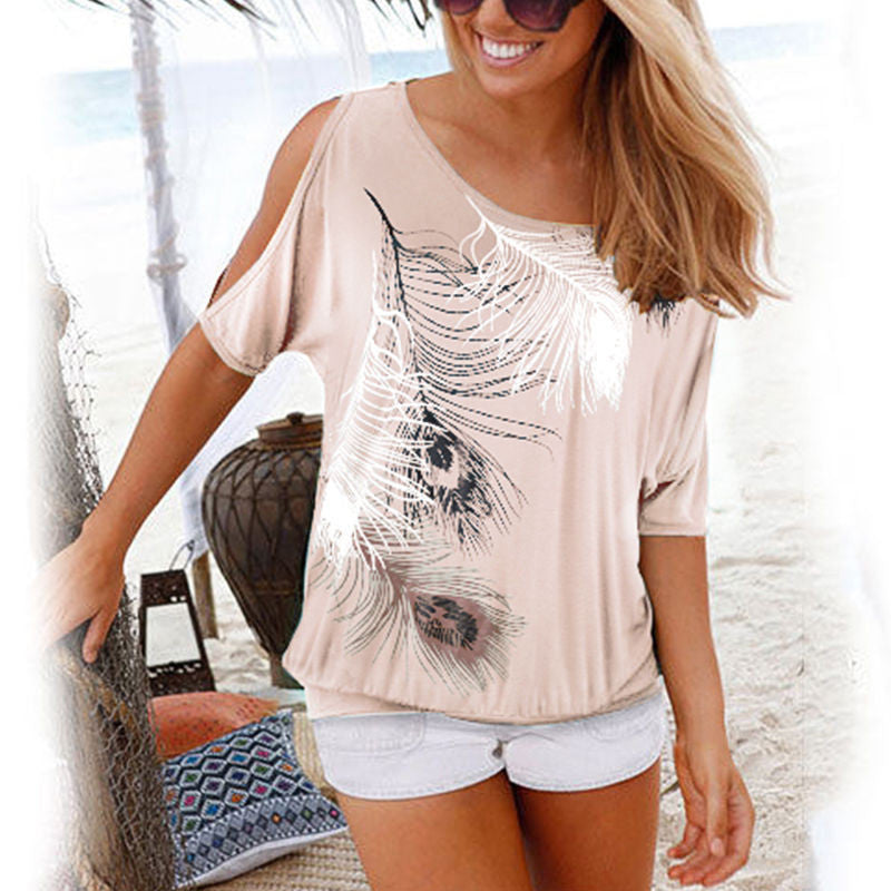 Sexy off-the-shoulder feather print short sleeves