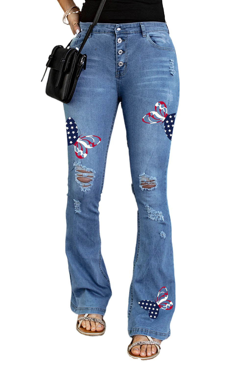 Dark Blue Mid Rise Button Front Flare Denim