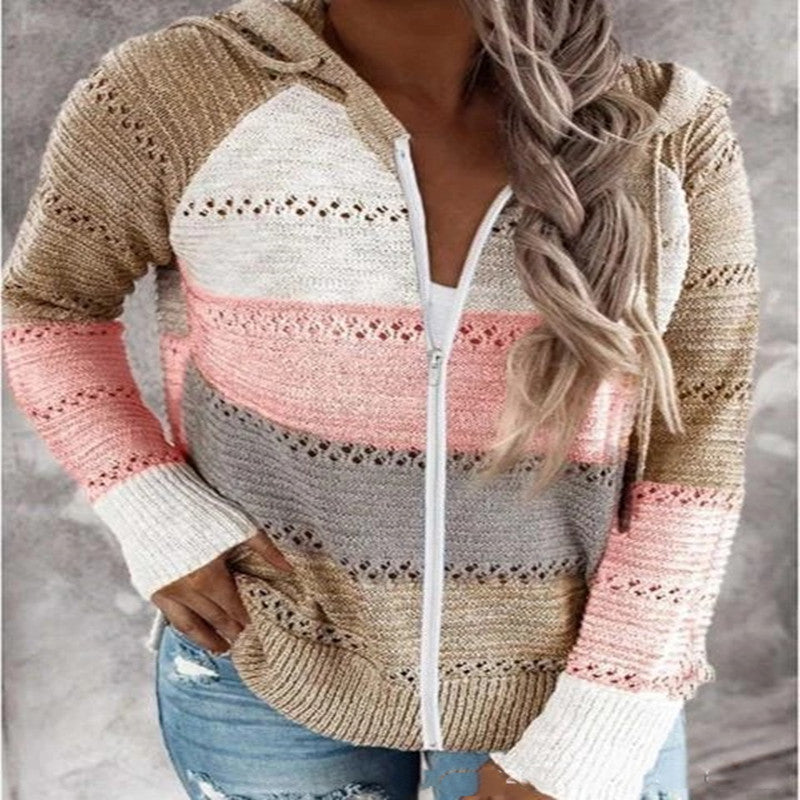 Paneled long-sleeved hooded striped zipper sweater