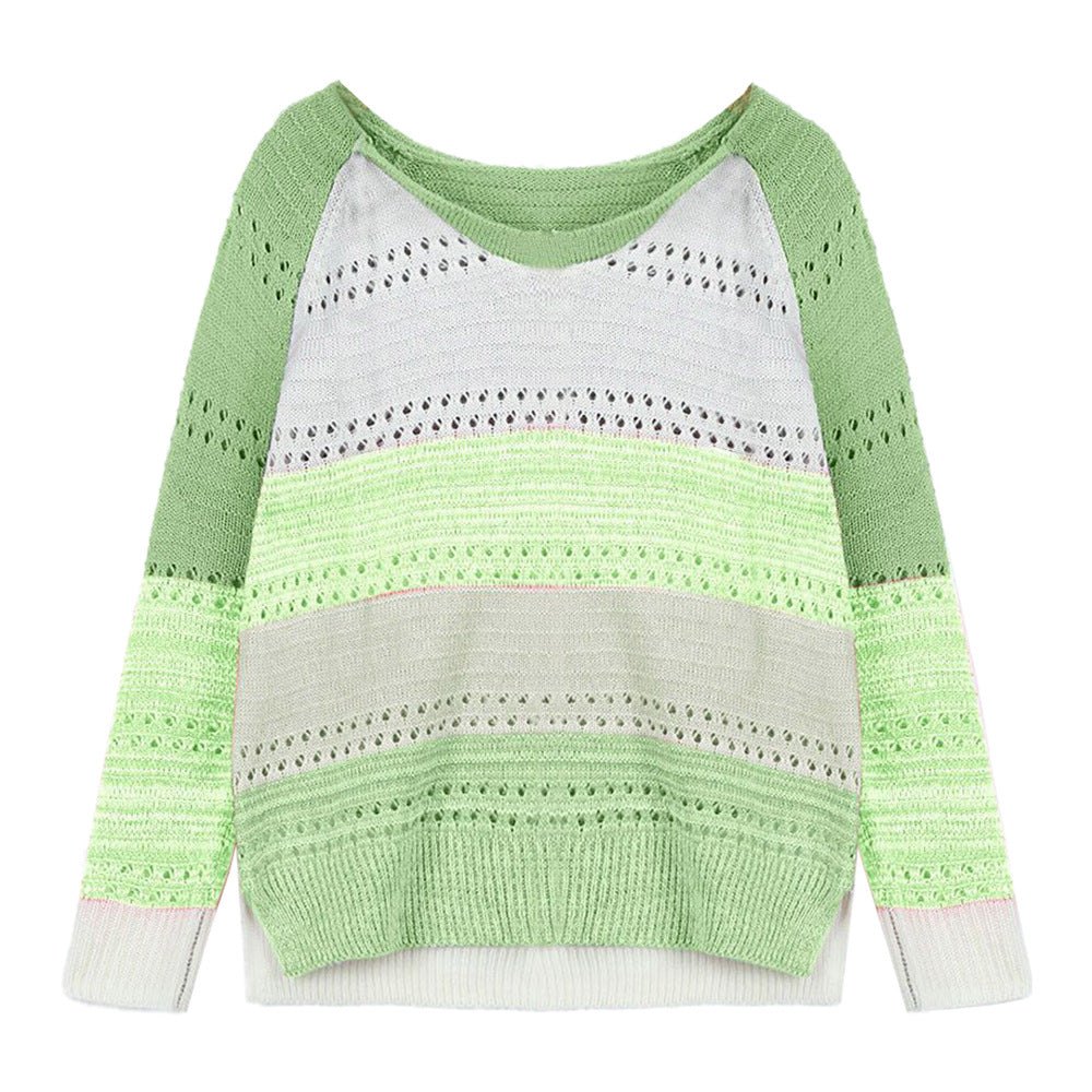 Women's Long Sleeve Pullover Color Matching Wool Top