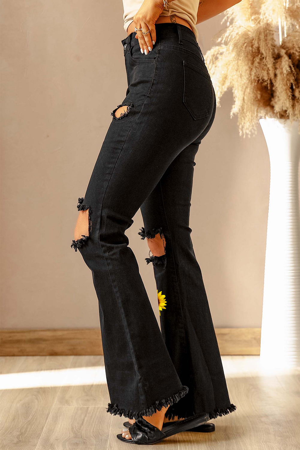 High Waist Ripped Bell Bottom Jeans