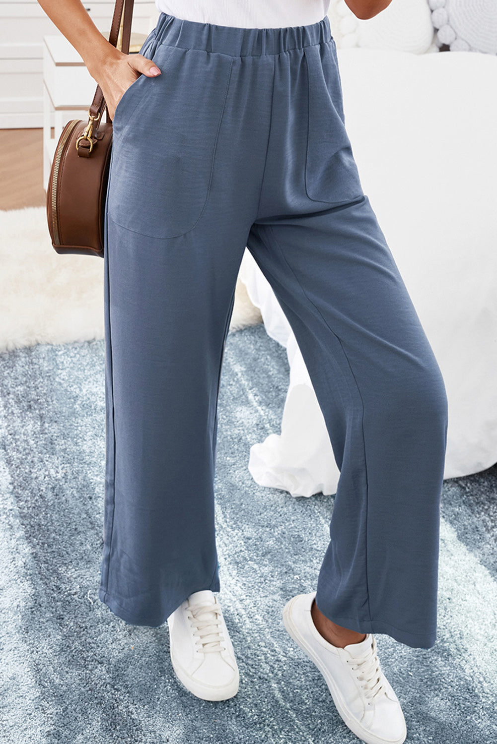 Elastic Waist Pocketed Wide Leg Pants