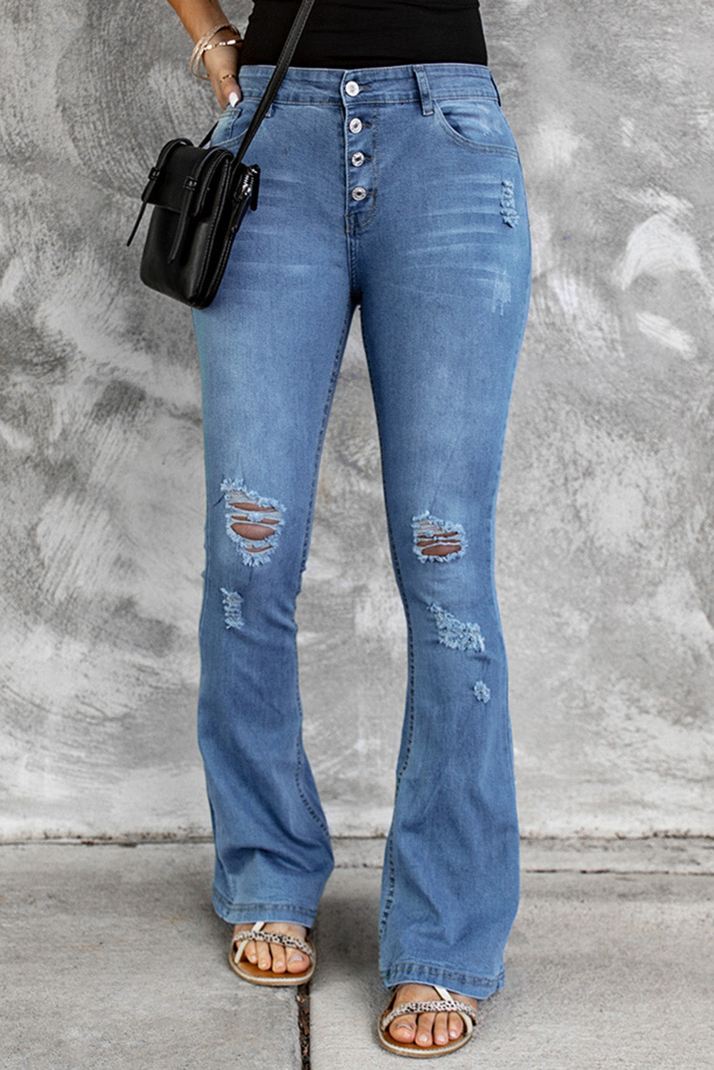 Dark Blue Mid Rise Button Front Flare Denim