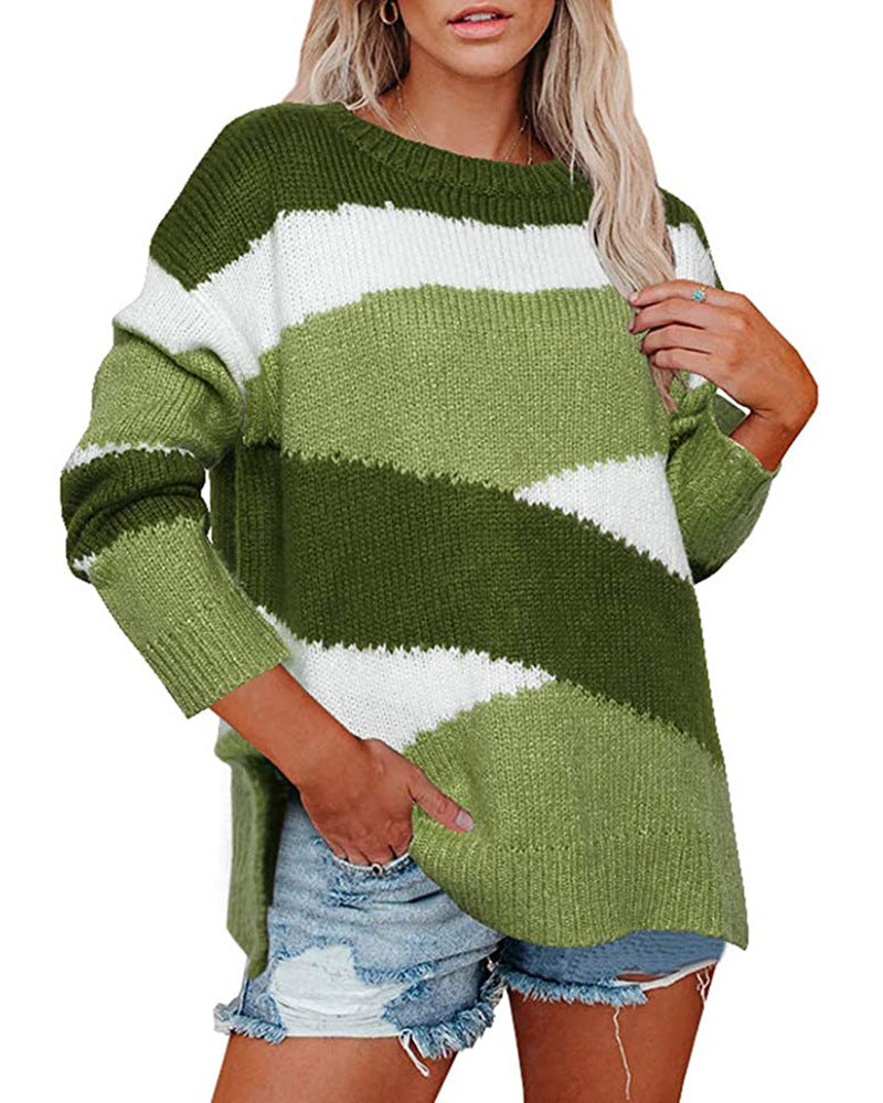 Women's loose knit sweater with irregular stripes