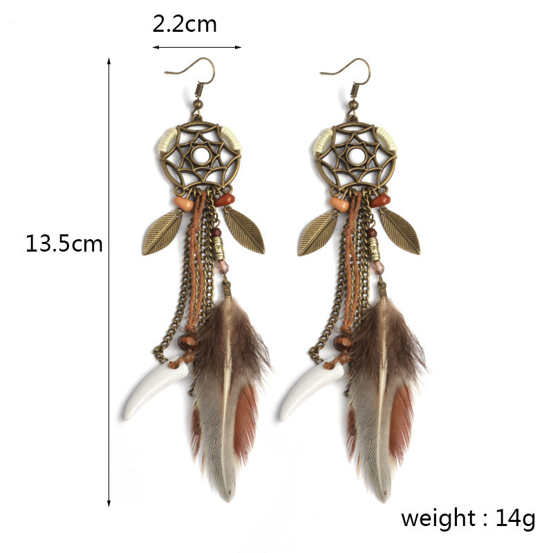 Vintage Dreamcatcher Metal Leaf Feather Pendant Stud Earrings