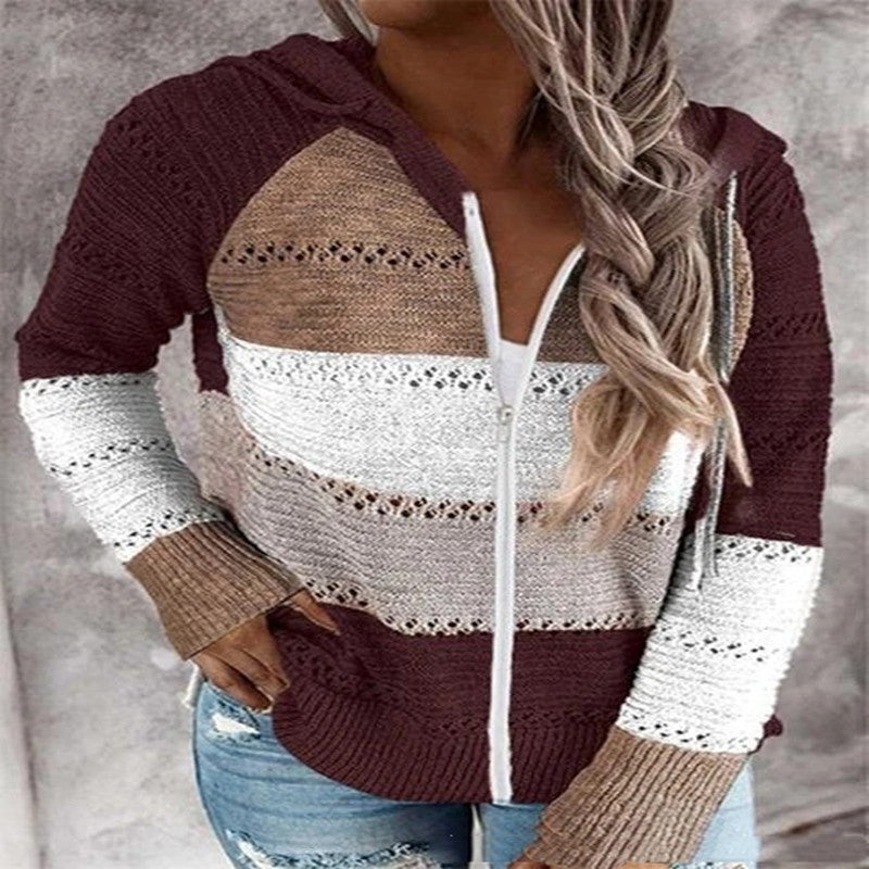 Paneled long-sleeved hooded striped zipper sweater