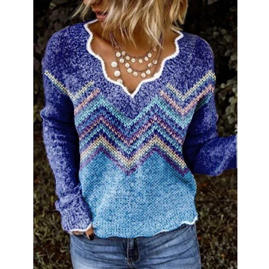 Embroidered V-Neck Printed Long-Sleeved Sweater