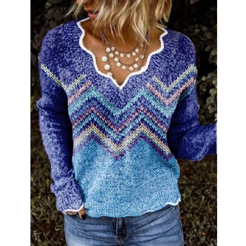 Embroidered V-Neck Printed Long-Sleeved Sweater