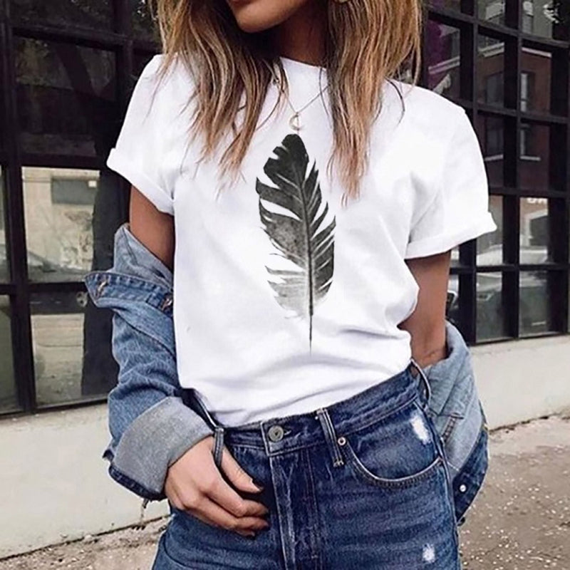 Feather Personality Print Casual Pullover Short Sleeve