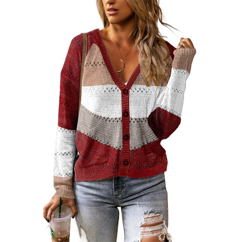 Patchwork Hooded Cardigan Single-Breasted Coat Sweater